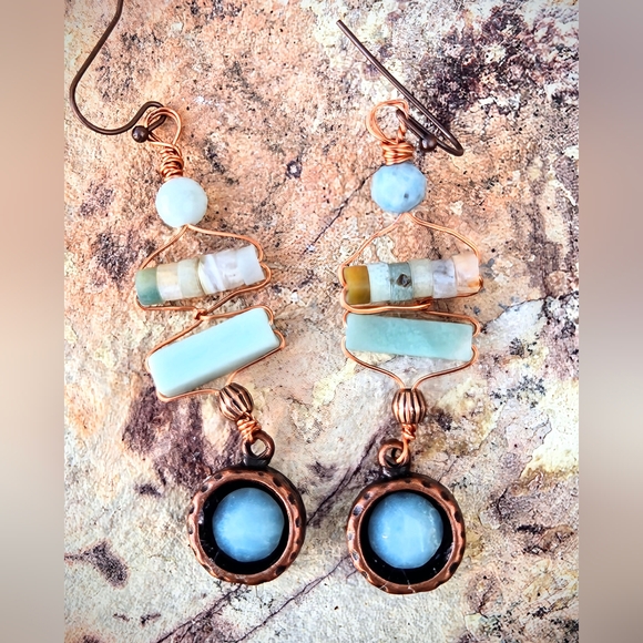 Hand Crafted Jewelry - Natural Amazonite In The Scythian Spirit Set In Antique Copper Artifact Earrings